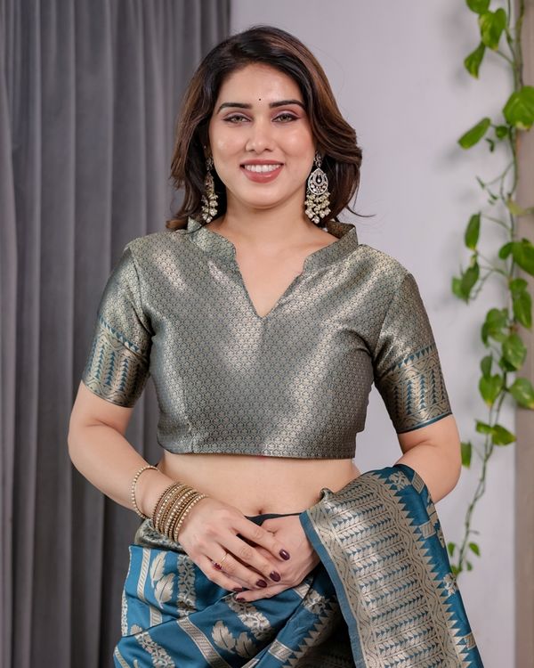 Teal Blue Banarasi Soft Silk Saree With Elegant Zari Border