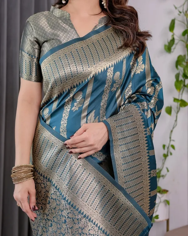Teal Blue Banarasi Soft Silk Saree With Elegant Zari Border