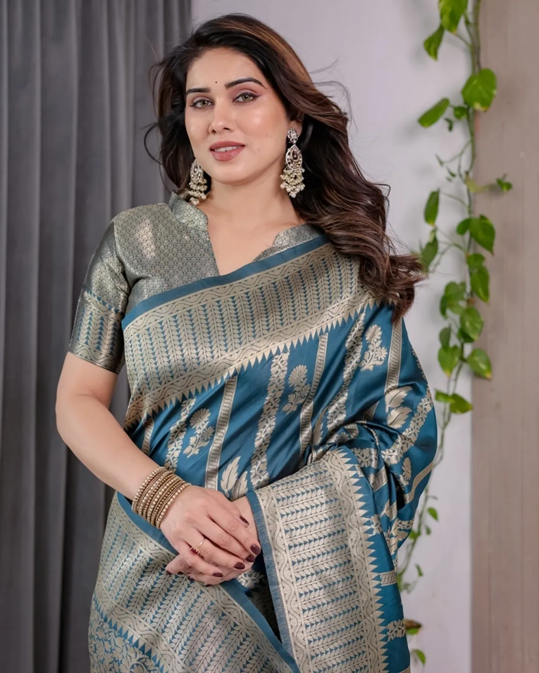 Teal Blue Banarasi Soft Silk Saree With Elegant Zari Border