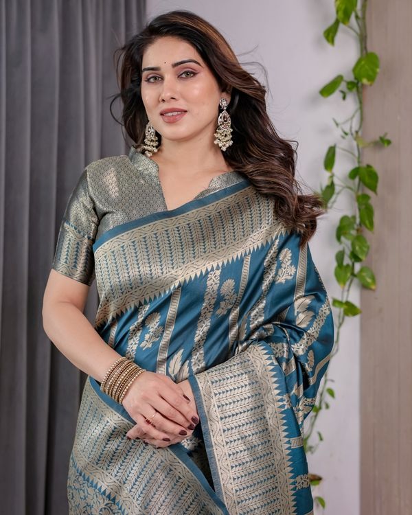 Teal Blue Banarasi Soft Silk Saree With Elegant Zari Border