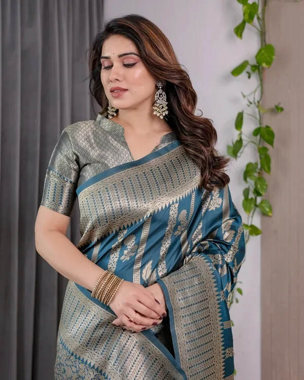 Teal Blue Banarasi Soft Silk Saree With Elegant Zari Border