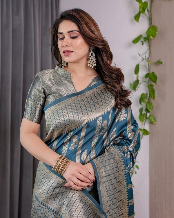 Teal Blue Banarasi Soft Silk Saree With Elegant Zari Border