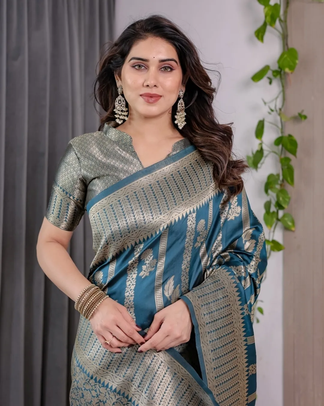 Teal Blue Banarasi Soft Silk Saree With Elegant Zari Border