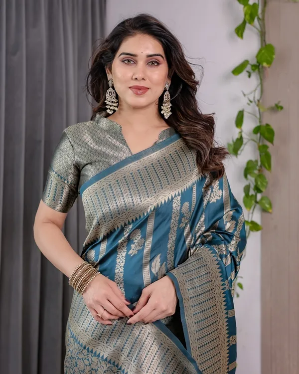 Teal Blue Banarasi Soft Silk Saree With Elegant Zari Border