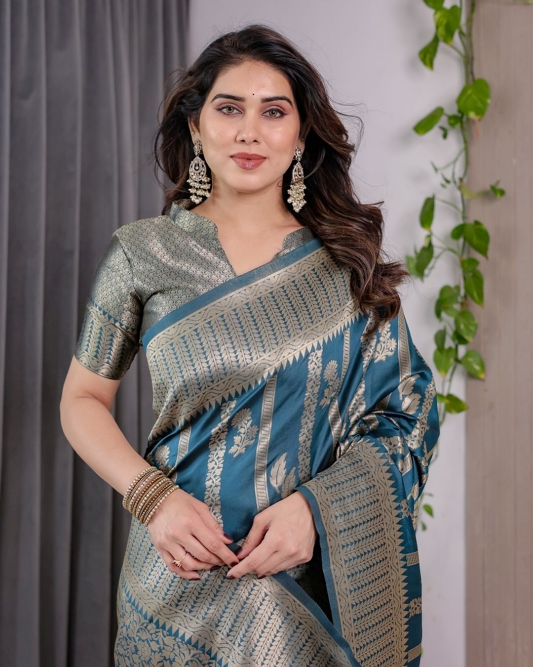 Teal Blue Banarasi Soft Silk Saree With Elegant Zari Border