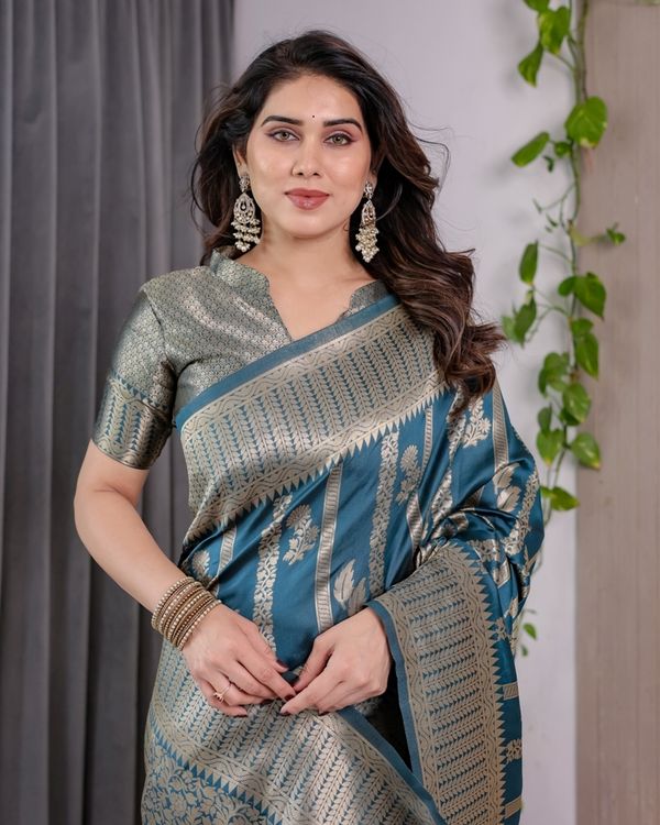 Teal Blue Banarasi Soft Silk Saree With Elegant Zari Border