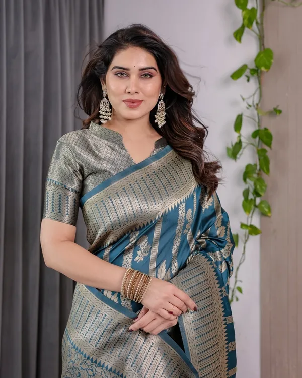 Teal Blue Banarasi Soft Silk Saree With Elegant Zari Border