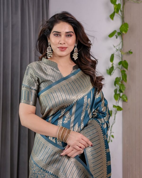 Teal Blue Banarasi Soft Silk Saree With Elegant Zari Border