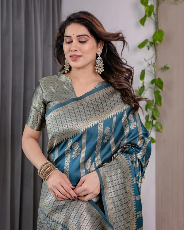 Teal Blue Banarasi Soft Silk Saree With Elegant Zari Border