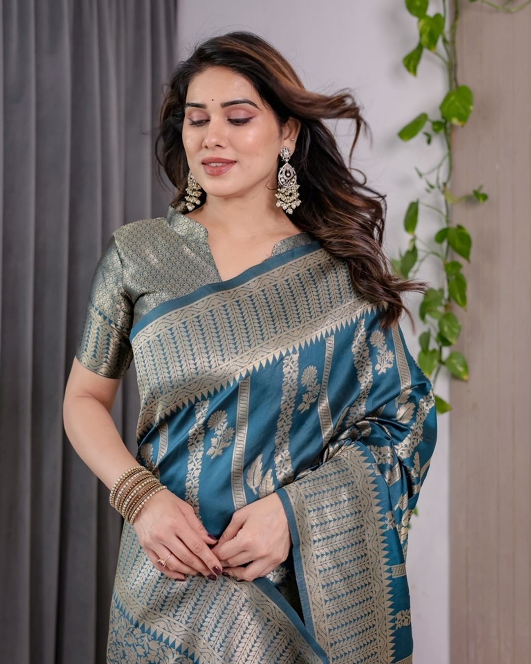 Teal Blue Banarasi Soft Silk Saree With Elegant Zari Border