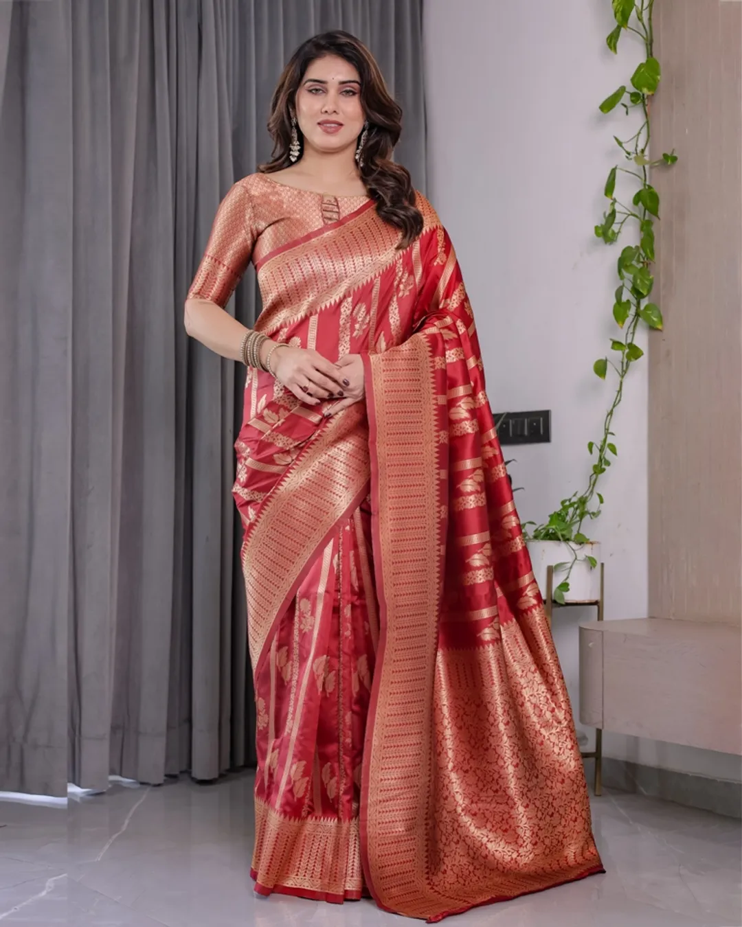 Coral Red Banarasi Soft Silk Saree With Golden Zari Borders