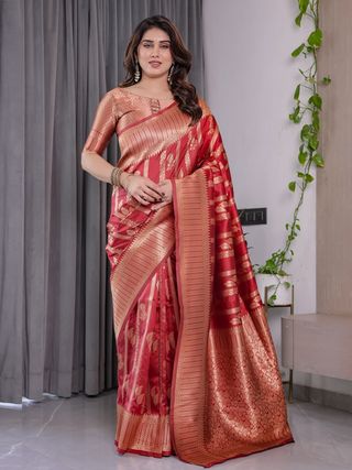 Coral Red Banarasi Soft Silk Saree With Golden Zari Borders