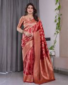 Coral Red Banarasi Soft Silk Saree With Golden Zari Borders - Red, Rust, Coral, Tomato Red, Brick Red, Scarlet