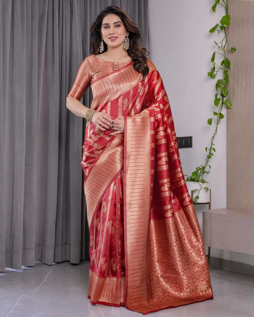 Coral Red Banarasi Soft Silk Saree With Golden Zari Borders