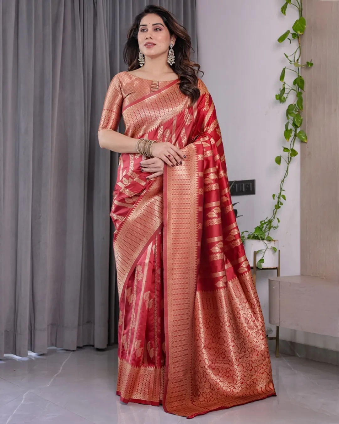 Coral Red Banarasi Soft Silk Saree With Golden Zari Borders