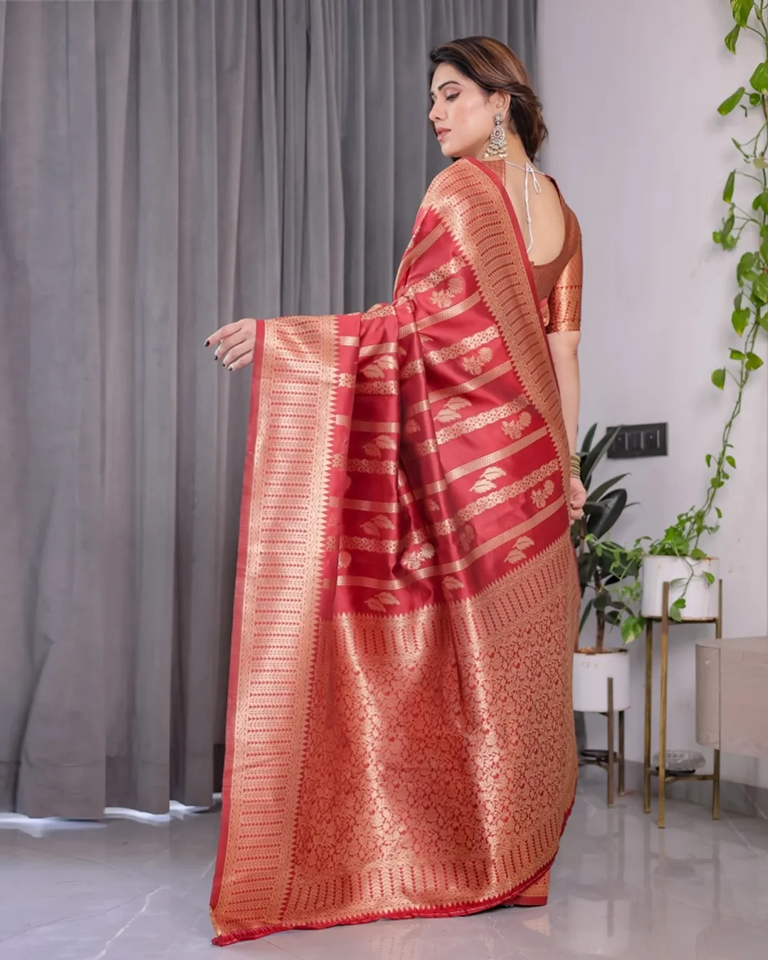 Coral Red Banarasi Soft Silk Saree With Golden Zari Borders