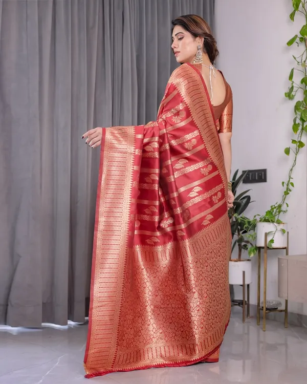 Coral Red Banarasi Soft Silk Saree With Golden Zari Borders