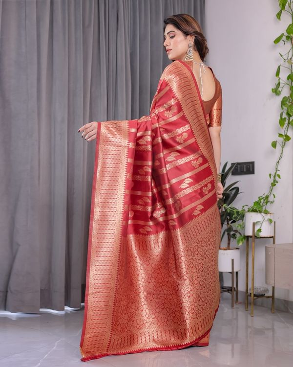 Coral Red Banarasi Soft Silk Saree With Golden Zari Borders