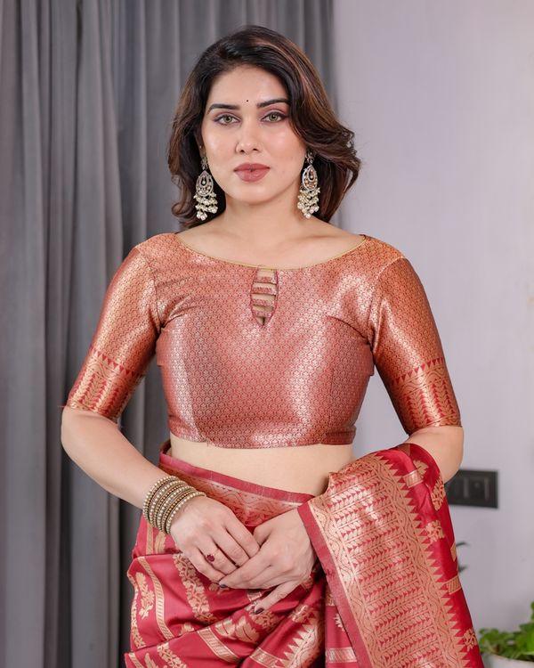 Coral Red Banarasi Soft Silk Saree With Golden Zari Borders