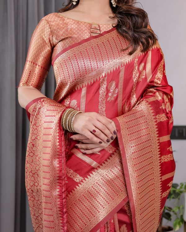 Coral Red Banarasi Soft Silk Saree With Golden Zari Borders