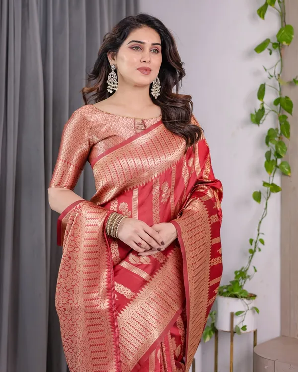 Coral Red Banarasi Soft Silk Saree With Golden Zari Borders