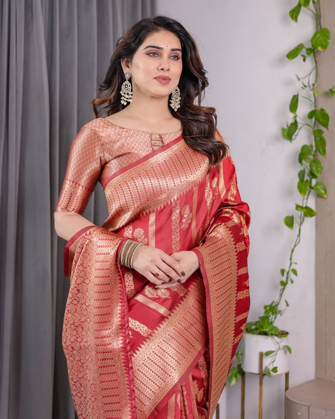 Coral Red Banarasi Soft Silk Saree With Golden Zari Borders