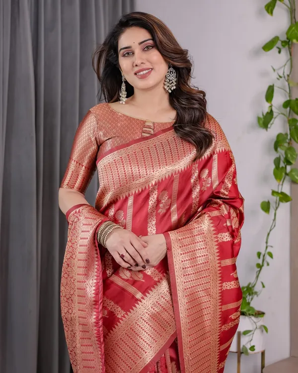 Coral Red Banarasi Soft Silk Saree With Golden Zari Borders