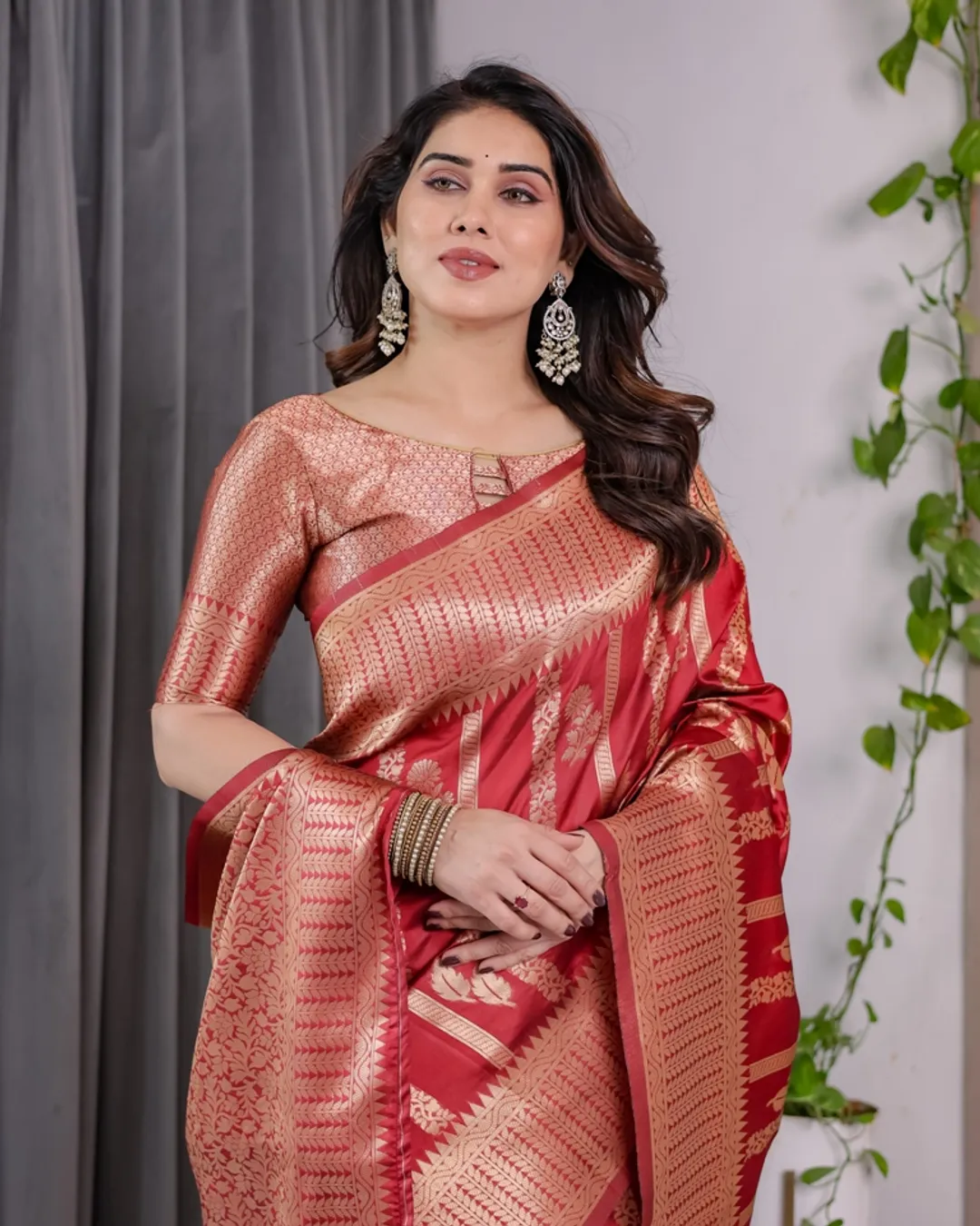 Coral Red Banarasi Soft Silk Saree With Golden Zari Borders