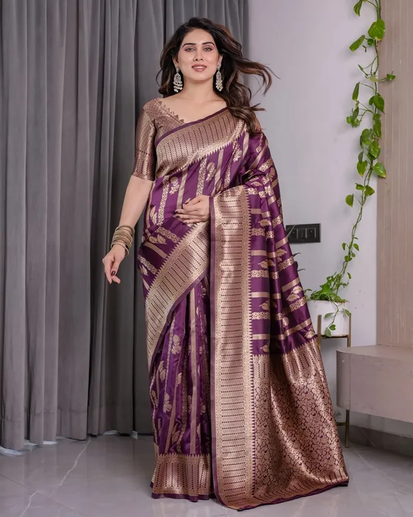 Royal Purple Banarasi Soft Silk Saree With Golden Zari Work