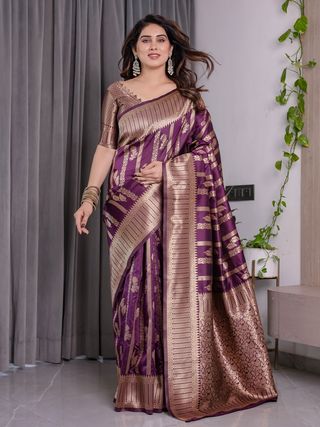 Royal Purple Banarasi Soft Silk Saree With Golden Zari Work