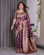 Royal Purple Banarasi Soft Silk Saree With Golden Zari Work - Wine, Purple, Burgundy, Plum