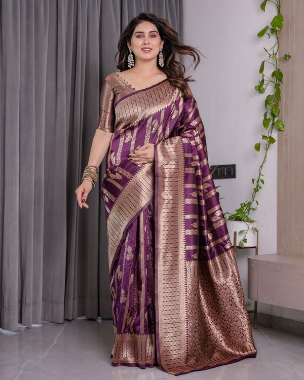 Royal Purple Banarasi Soft Silk Saree With Golden Zari Work