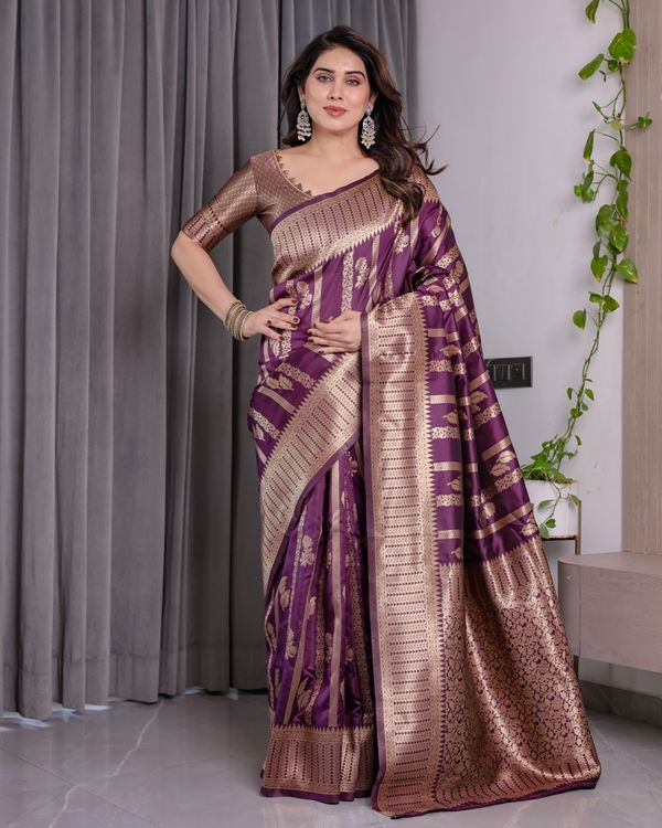 Royal Purple Banarasi Soft Silk Saree With Golden Zari Work