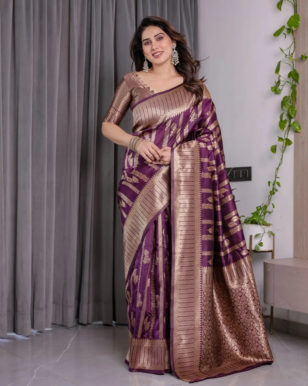 Royal Purple Banarasi Soft Silk Saree With Golden Zari Work