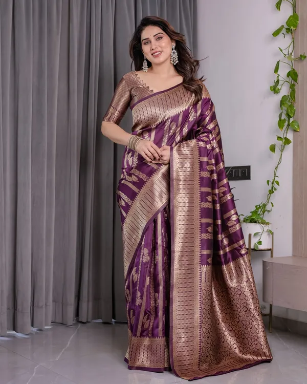 Royal Purple Banarasi Soft Silk Saree With Golden Zari Work