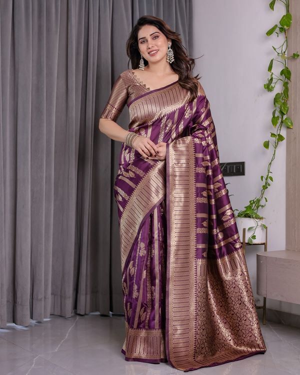 Royal Purple Banarasi Soft Silk Saree With Golden Zari Work