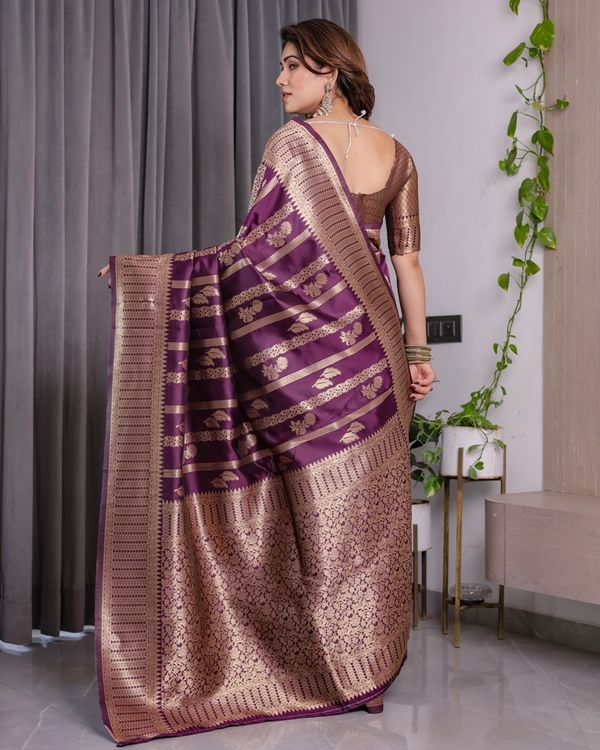 Royal Purple Banarasi Soft Silk Saree With Golden Zari Work