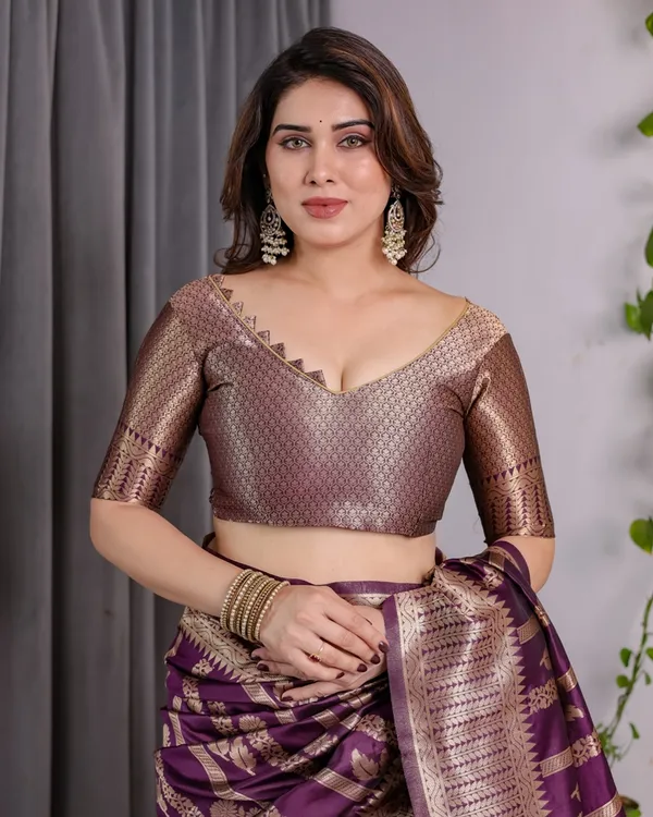 Royal Purple Banarasi Soft Silk Saree With Golden Zari Work