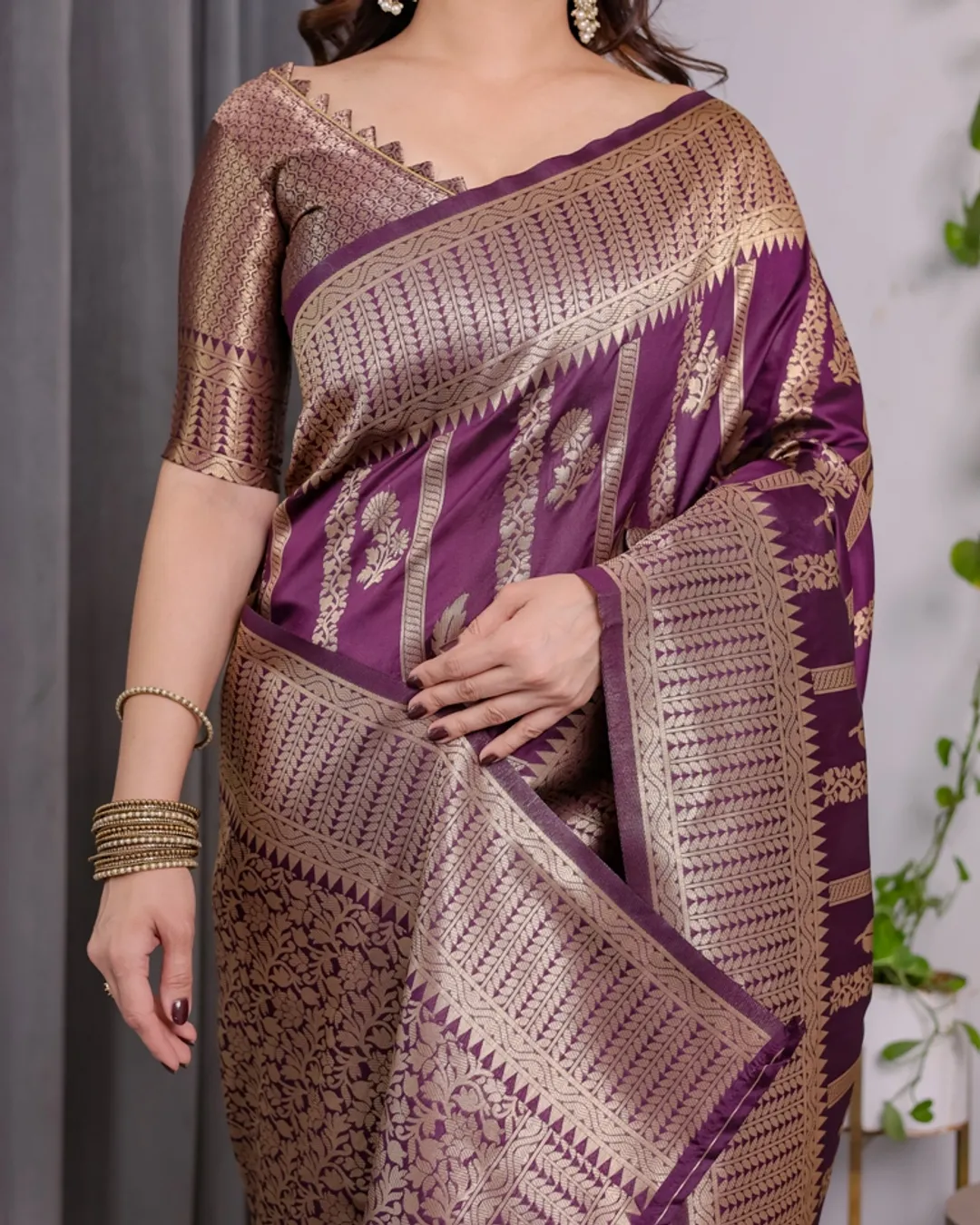 Royal Purple Banarasi Soft Silk Saree With Golden Zari Work