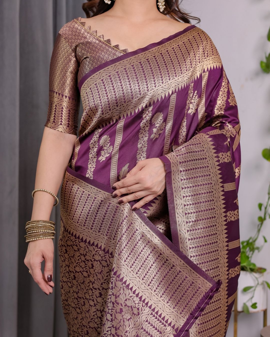 Royal Purple Banarasi Soft Silk Saree With Golden Zari Work