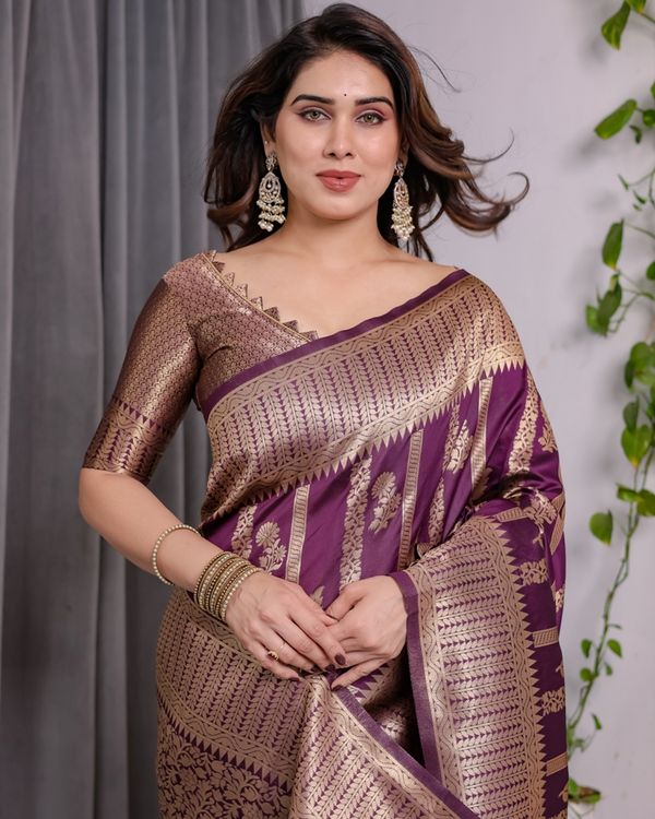 Royal Purple Banarasi Soft Silk Saree With Golden Zari Work