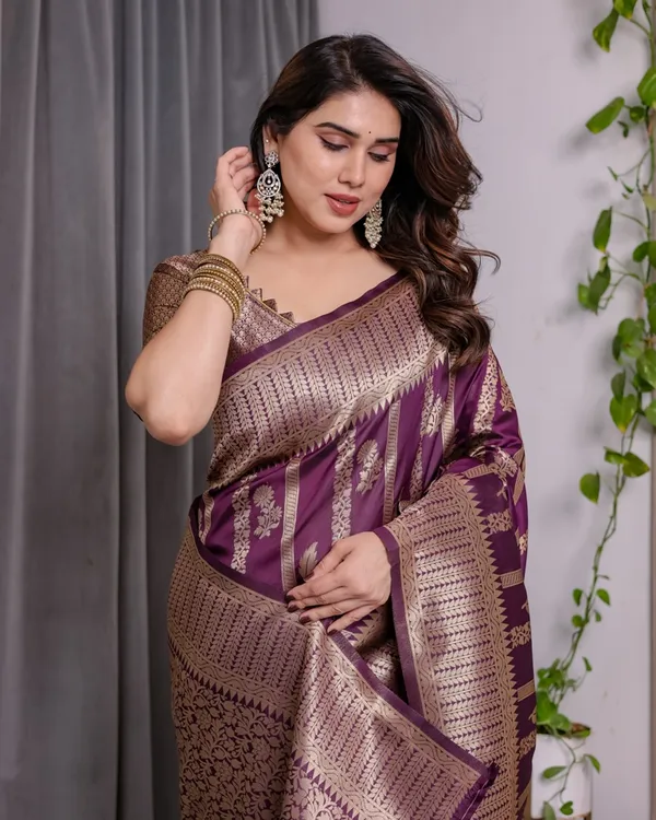 Royal Purple Banarasi Soft Silk Saree With Golden Zari Work