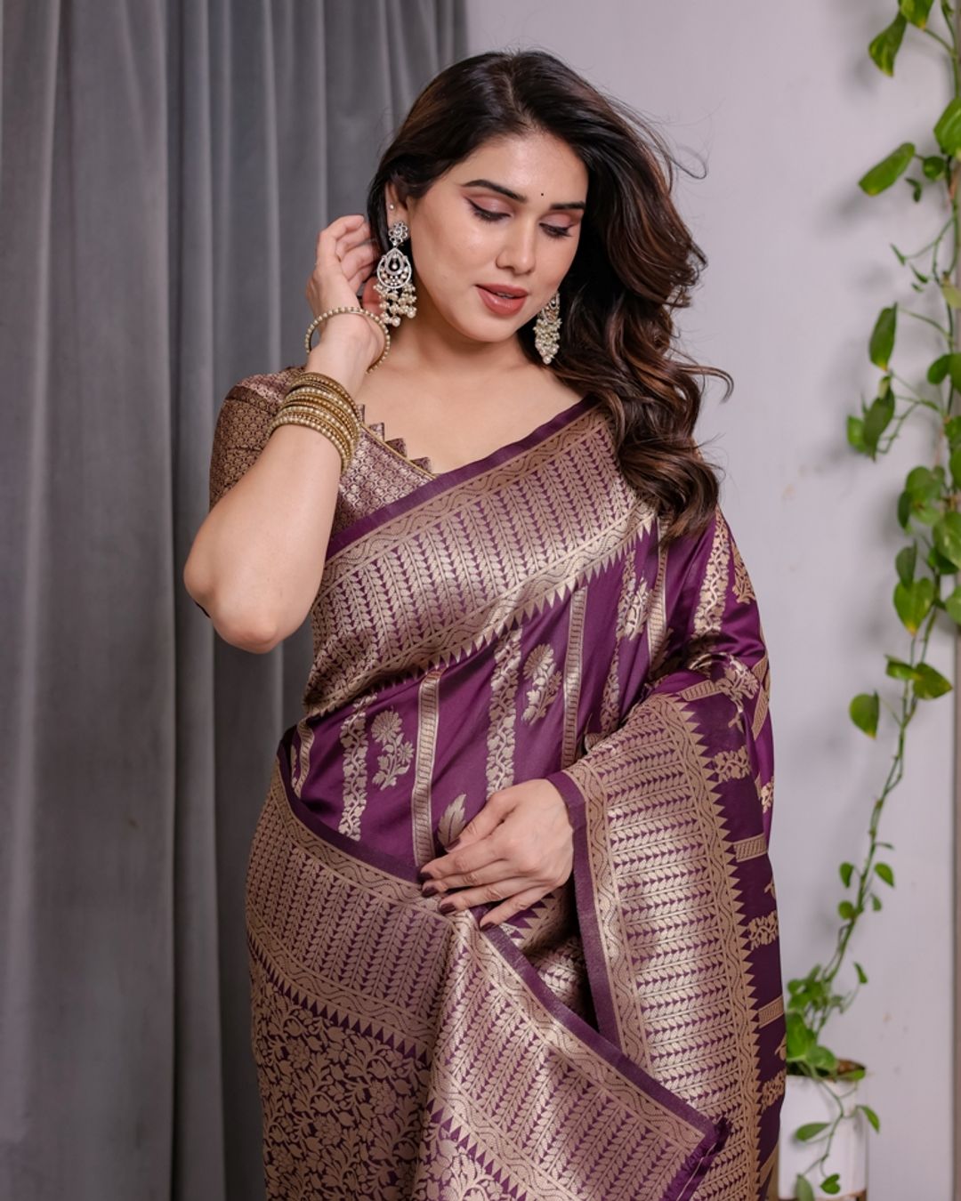 Royal Purple Banarasi Soft Silk Saree With Golden Zari Work