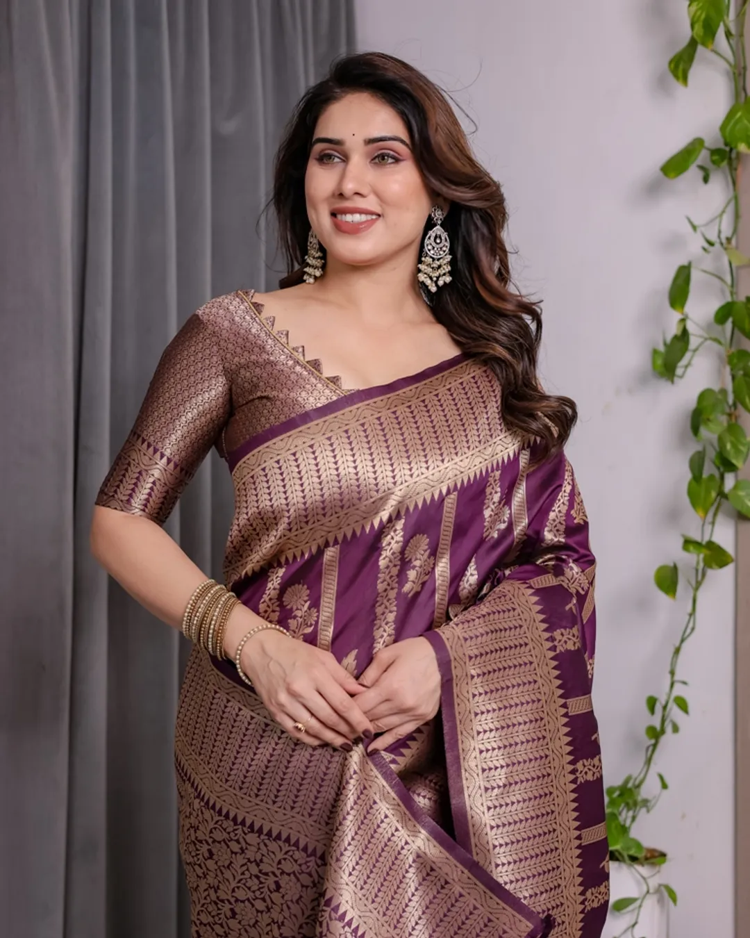 Royal Purple Banarasi Soft Silk Saree With Golden Zari Work