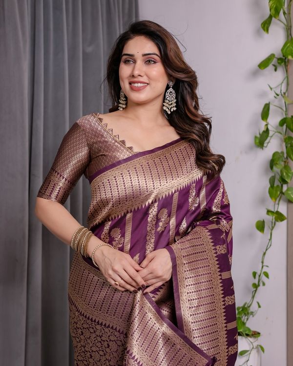 Royal Purple Banarasi Soft Silk Saree With Golden Zari Work