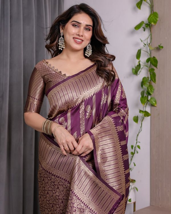 Royal Purple Banarasi Soft Silk Saree With Golden Zari Work