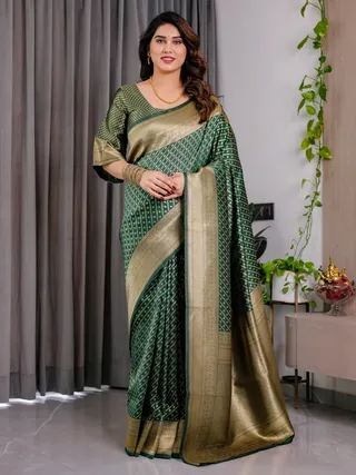 Bottle Green Banarasi Soft Silk Saree with Rich Golden Zari