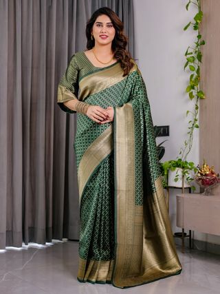 Bottle Green Banarasi Soft Silk Saree With Rich Golden Zari