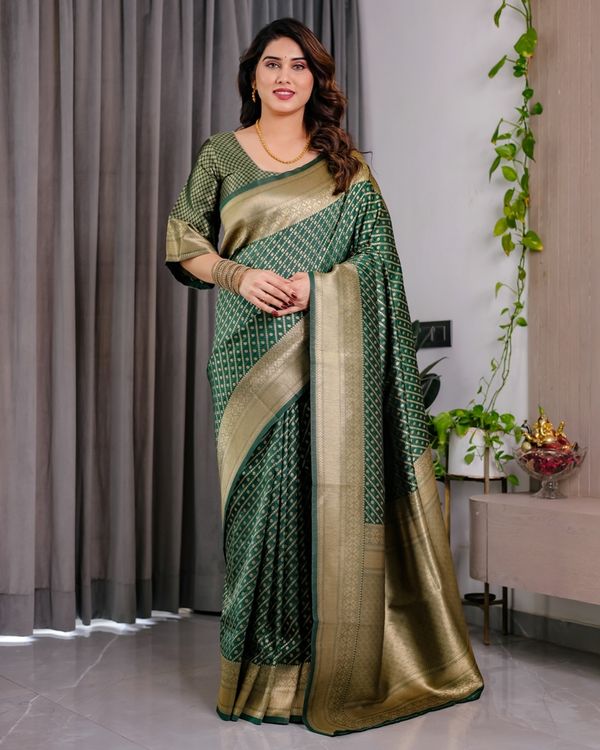 Bottle Green Banarasi Soft Silk Saree With Rich Golden Zari