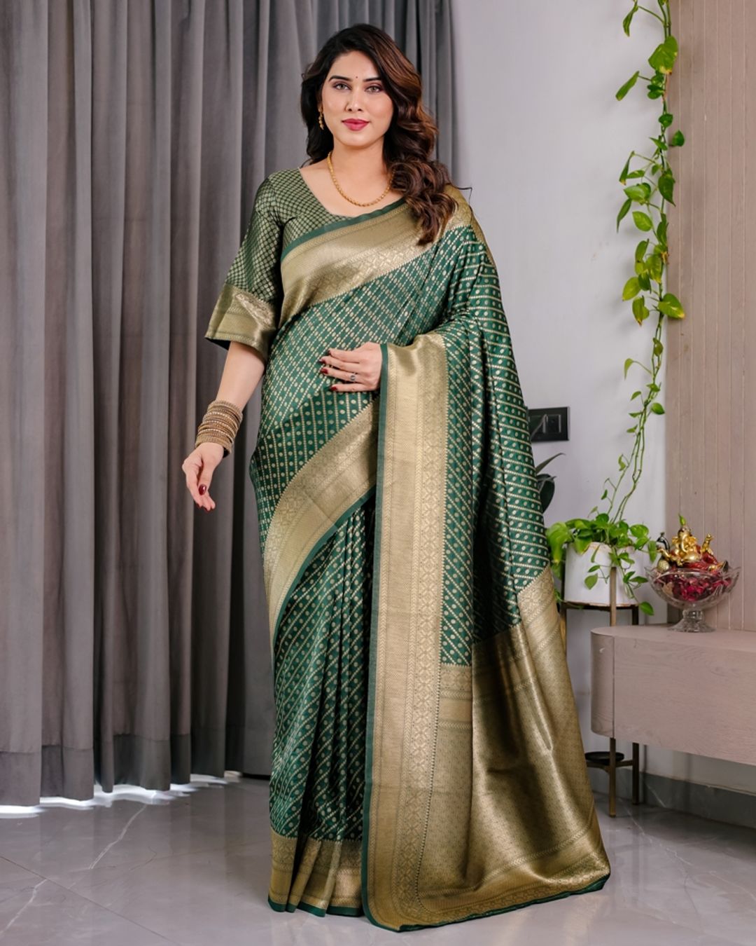 Bottle Green Banarasi Soft Silk Saree With Rich Golden Zari